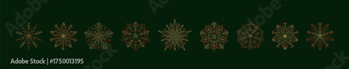 Set of red and gold Christmas snow flakes on dark green background. Winter frozen ice crystal icons. Filigree whimsical victorian snowflakes. Festive Happy New Year pattern ornament, design elements