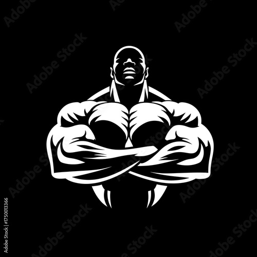 Powerful muscular bodybuilder illustration with crossed arms, symbolizing strength, fitness, and determination on a black background.
