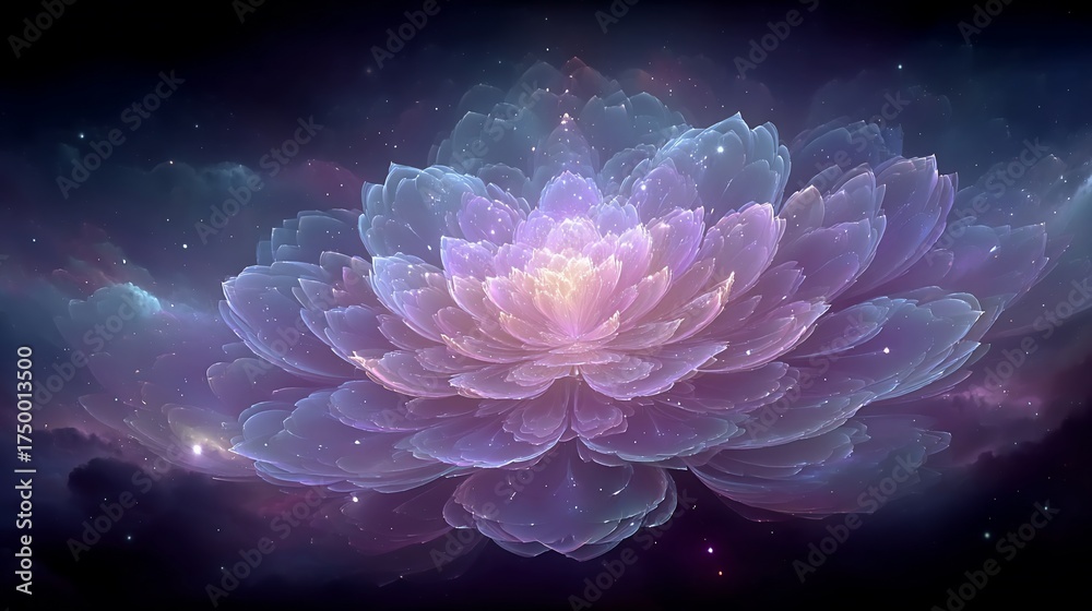 Obraz premium Mystical lotus flower in cosmic space with purple hues creating a serene and dreamlike ambiance