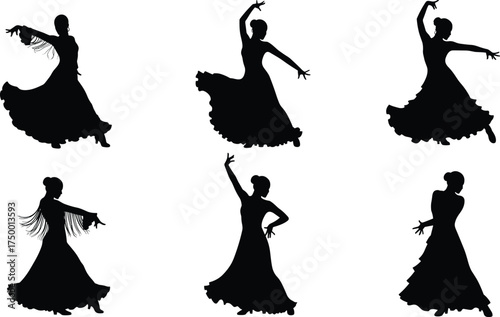 dancer silhouette illustration set, flowing dress pose, flamenco or ballroom style, black vector design, graceful movement collection