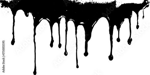 Black dripping paint isolated on white background. Dripping black liquid on white background. Paint dripping from the top of the frame transparent background. 
