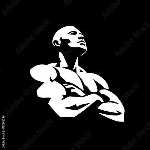 Powerful muscular man illustration with arms crossed, looking up confidently. Strong male physique, fitness, determination, success, and strength concept.