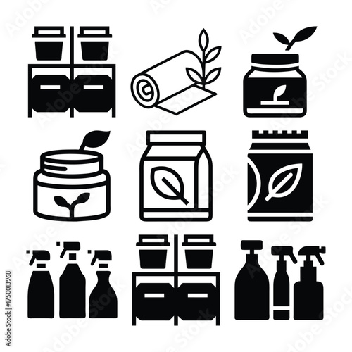 Collection of organic skincare and cleaning product icons in a clean grid layout