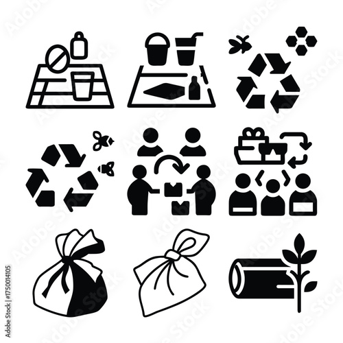 Collection of icons representing recycling waste management and sustainability