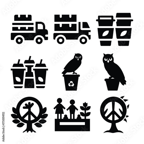 Collection of black and white icons representing delivery trucks coffee cups owls and peace symbols