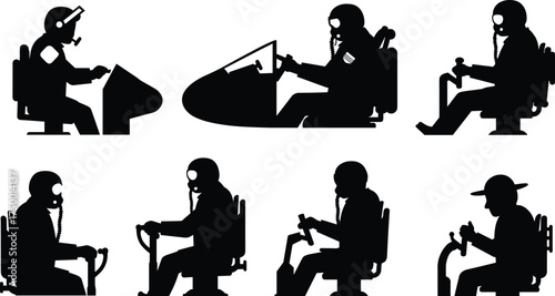 vehicle operator silhouette set, seated control pose, helmeted pilot figure, joystick and steering panel, black vector illustration series