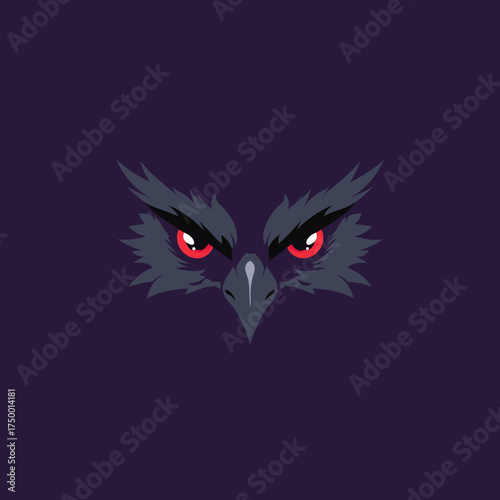 Fierce stylized owl eyes with glowing red pupils on a dark background, mysterious nocturnal bird vector illustration