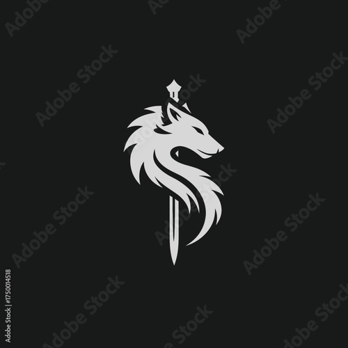 Wallpaper Mural Stylized fierce wolf head and sword graphic design. Powerful animal emblem illustration for modern branding or gaming concept. Torontodigital.ca