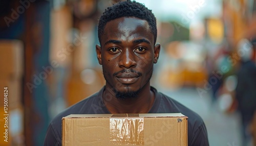 A close-up portrait of a young Black man holding a cardboard box, seemingly ready to deliver it. He looks at the camera with a serious expression