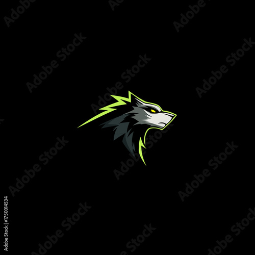 Fierce Stylized Wolf Head Graphic with Neon Electric Accents on Dark Background - Modern Predator Mascot Design