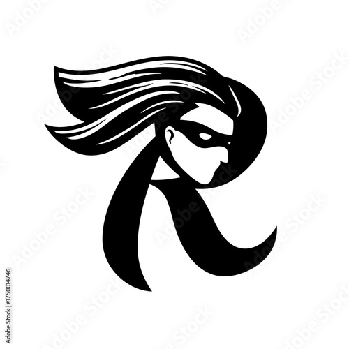Stylized letter R with masked woman's face and flowing hair, abstract superhero character, black vector graphic design, secret identity symbol.