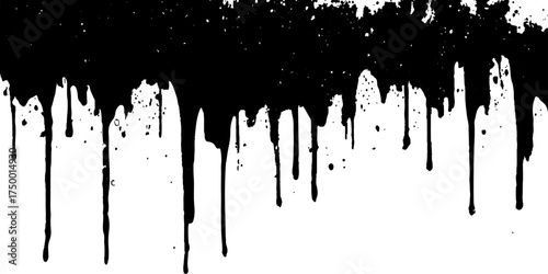 Black dripping paint isolated on white background. Dripping black liquid on white background. Paint dripping from the top of the frame transparent background. 