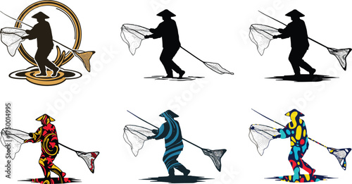 fishing net character set, conical hat figure, stylized illustration, cultural pose, black and colorful vector design collection