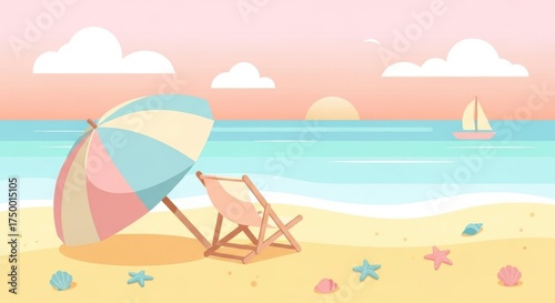 Serene Beach Scene with Striped Umbrella, Deck Chair, and Distant Sailboat at Sunset