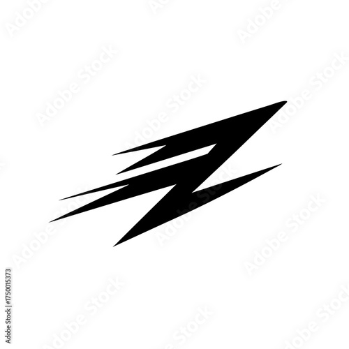 Dynamic stylized black lightning bolt or abstract arrow graphic element, representing speed, power, energy, and rapid motion