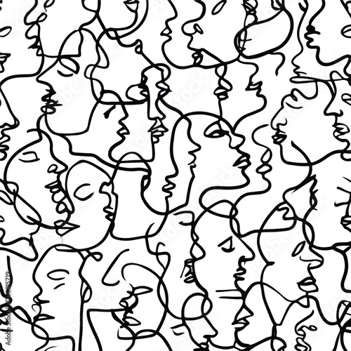 Monochrome Abstract Human Profiles Line Art