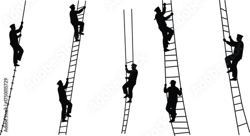 ladder climbing silhouette set, difficulty levels, goal achievement concept, black vector illustration, progress stages, metaphorical ascent