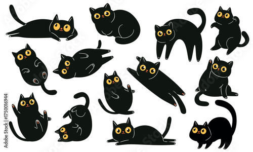 A set of flat vector illustrations in a simple children's style. Cute black cats with big eyes in different poses. Vector illustration