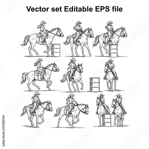 Vector art of vector set of cowboys and cowgirls riding horses, some jumping over barrels, in a rodeo or equestrian competition