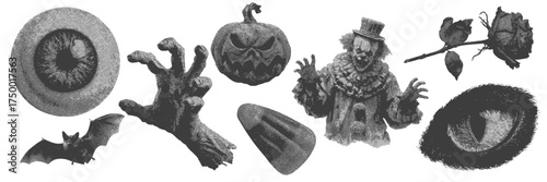 Halloween halftone horror elements with scary clown, pumpkin, bat, zombie hand and spooky illustrations