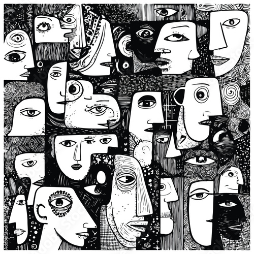 Abstract Monochrome Human Profile Doodles