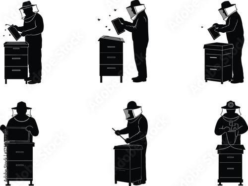 Beekeeping silhouette sequence, hive inspection, beekeeper motion, honey harvest, protective suit, black figure, vector illustration, apiary tools, bee care