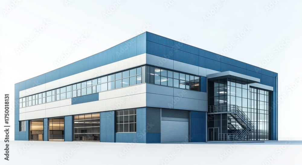Obraz premium Modern industrial building featuring blue and white exterior with large windows