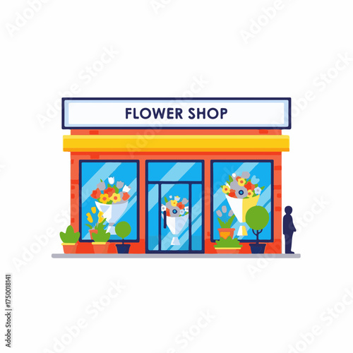 Flower shop facade with colorful flower bouquets in display windows. Flower shop front view showcases floral arrangements, potted plants, and a welcoming entrance,