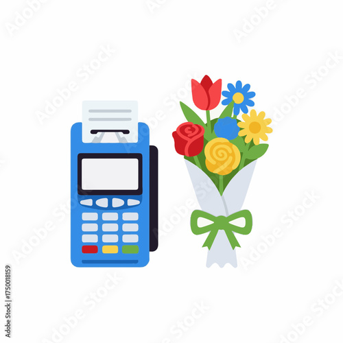 Flowers delivery payment via card terminal next to bouquet with roses, tulips and daisies. Flowers delivery payment service is fast, easy and secure on Valentines Day.