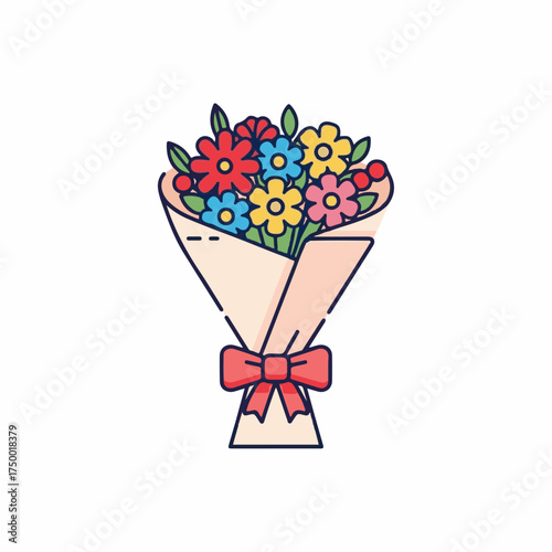 Flower bouquet illustration of colorful flowers tied with ribbon, wrapped in paper. This simple flower bouquet brings happiness and joy.