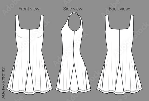 Vector woman sleeveless mini dress fashion CAD, fitted body flared skirt with wide shoulder straps technical drawing, template, flat, sketch. Teenage girl dress with front, back, side view,white color