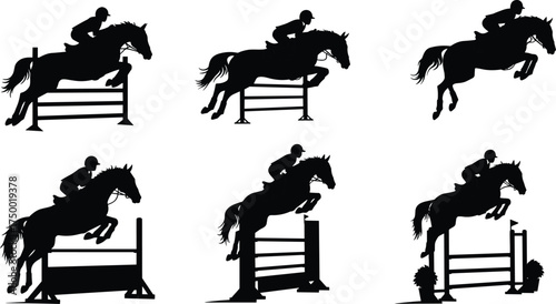 Horse jumping silhouette sequence, equestrian sport motion, rider and horse, obstacle jump, black figure, vector illustration, athletic pose, competition