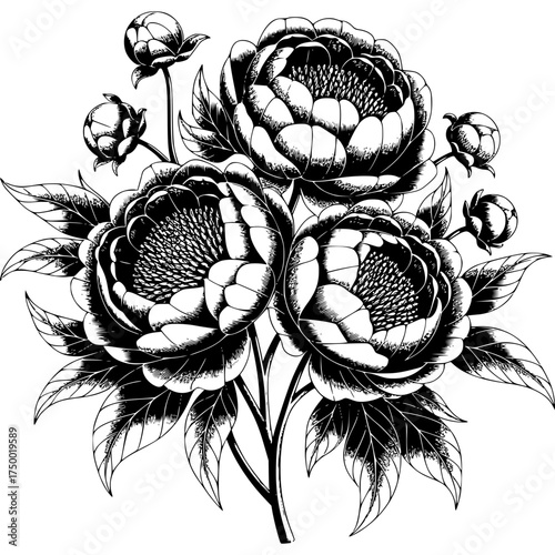 Timeless Botanical Elegance: A monochromatic illustration of three exquisite peonies, each with delicate petals and intricate detailing, is a celebration of nature's grace.