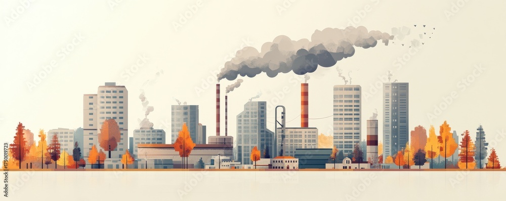 Obraz premium Illustration of an industrial cityscape with pollution and autumn foliage