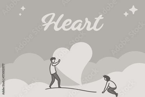 Happy romantic couple silhouette illustration on beach at sunset with heart design