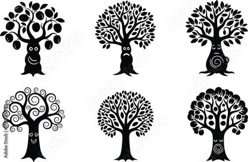 Anthropomorphic tree silhouettes, whimsical cartoon forest characters, expressive trunk faces, fantasy botanical art, decorative fruit icons, creative vector illustration,