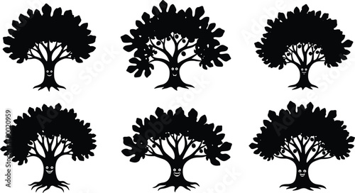 Anthropomorphic tree silhouettes, whimsical cartoon forest characters, expressive smiling faces, heart leaf designs, fantasy botanical art, decorative nature icons, creative vector illustration set