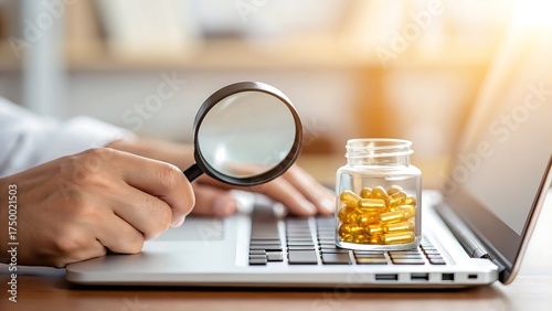 Person using a magnifying glass to examine a bottle of supplements on a laptop keyboard representing research and analysis
