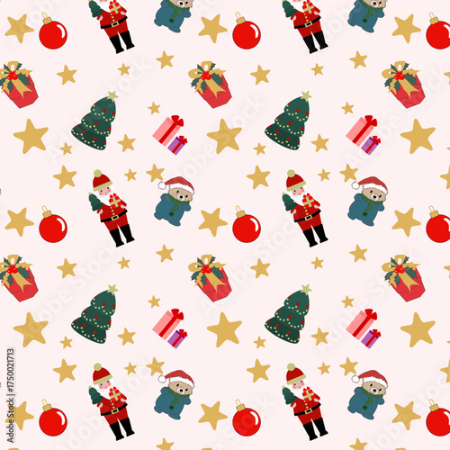 Pattern natalizio con orsetti, Babbo Natale, palline, stelle, abeti, doni su sfondo rosa