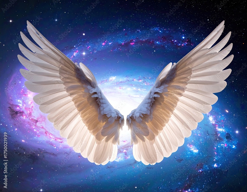 Obraz premium White wings against a galactic background with a bright, celestial light
