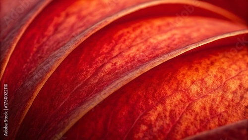 Close up macro view of vibrant red flower petals showing intricate textures and organic curved lines