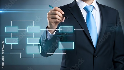 Businessman in suit and tie drawing a digital flowchart on a futuristic glowing interface with a pen