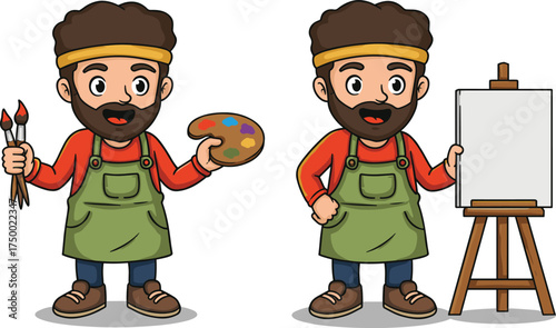 Cartoon male artist character with paintbrushes, palette, and easel, creative painting illustration for art education, lifestyle, and design concepts