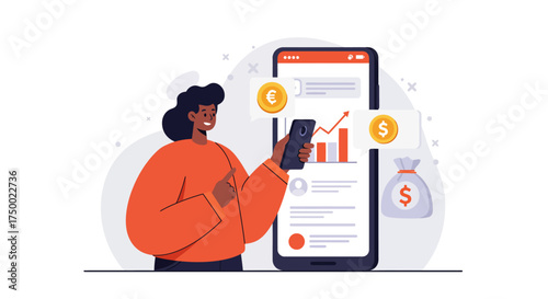 Woman using a finance app on her phone to track investments and manage money.