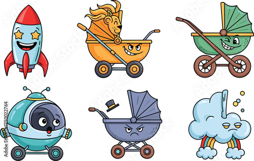 Cartoon baby strollers with faces, fantasy designs, rocket, lion, cloud, space theme, playful illustration, cute vector art, character
