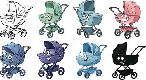 Cartoon baby strollers with faces, colorful designs, playful characters, cute expressions, children’s illustration, whimsical vector art, creative design