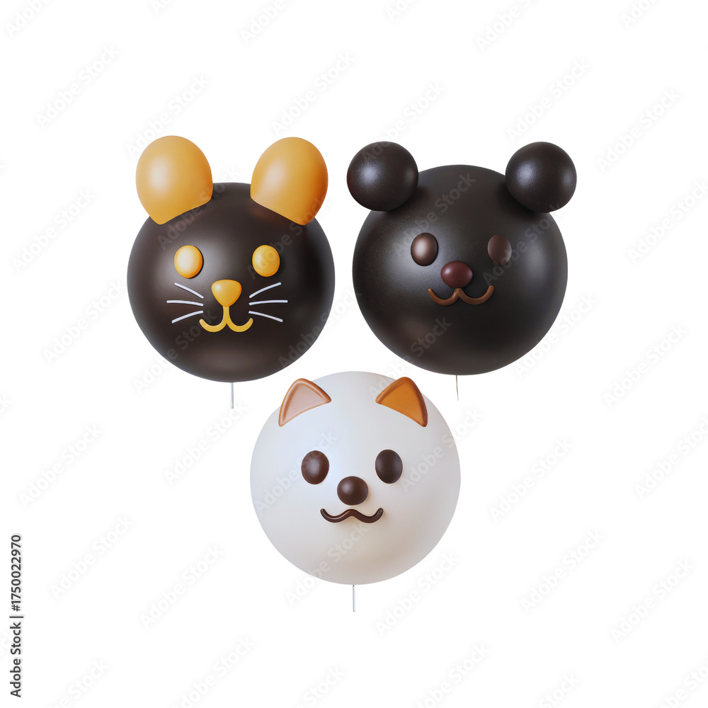 Fototapeta premium Three cute animal shaped balloons featuring a mouse, bear, and white cat float playfully together