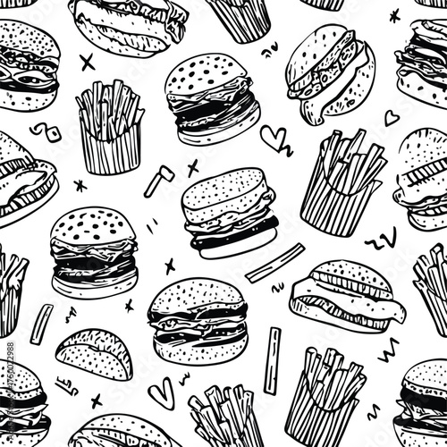 Monochrome Fast Food Doodle Pattern Design