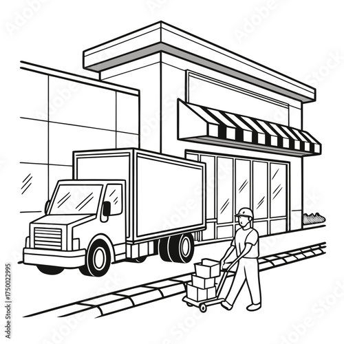 Delivery Driver with Dolly by Truck at Store Vector Illustration for Logistics and Business Concepts