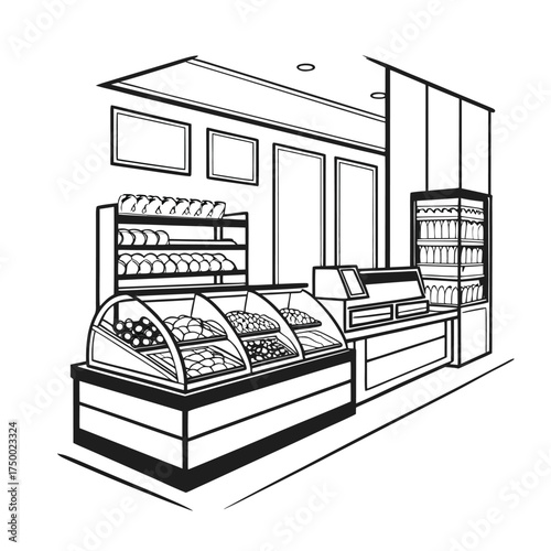 Modern retail food section outline vector. Displays premium cases, a cooler, and shelves, depicting a contemporary store interior design